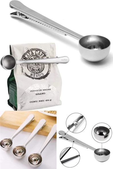 Paslanmaz Çelik Çay Kahve Bitki Çayı Mutfak Ölçü Kaşığı ve Paket Klipsi Silver - 2