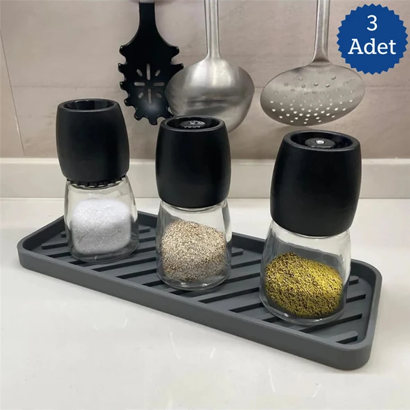 3 Adet Gri Silikon Yağdanlık Standı 23x10 cm Çok Amaçlı Organizer Sunumluk Sabunluk Altlığı Seti - Resim 2