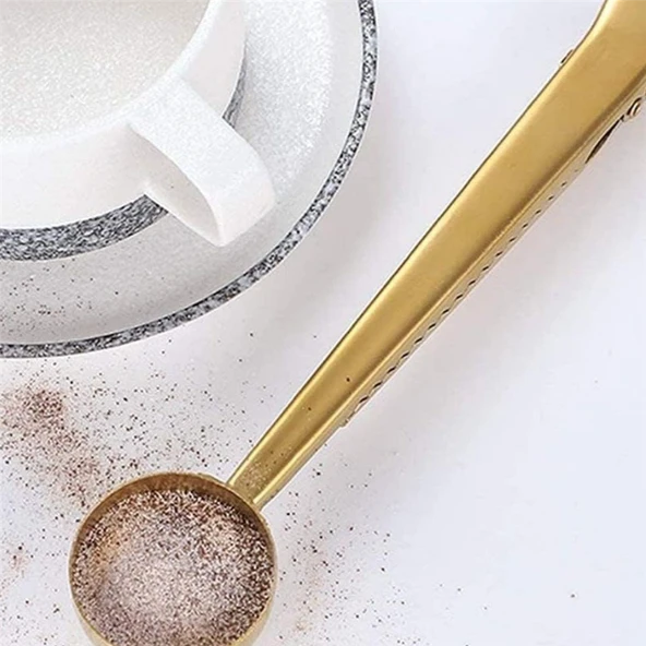 Paslanmaz Çelik Çay Kahve Bitki Çayı Mutfak Ölçü Kaşığı ve Paket Klipsi Gold - 7