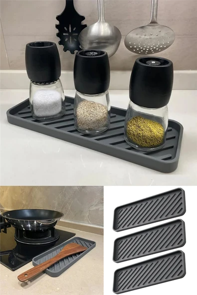 3 Adet Gri Silikon Yağdanlık Standı 23x10 cm Çok Amaçlı Organizer Sunumluk Sabunluk Altlığı Seti ürün görseli