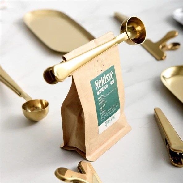 Paslanmaz Çelik Çay Kahve Bitki Çayı Mutfak Ölçü Kaşığı ve Paket Klipsi Gold - 2