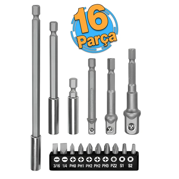 Mıknatıslı Bits Uç Adaptör Seti 16 Parça 1/4 1/2 3/8 1/4 Yıldız Düz Uçlar S1 S2 PH Uç Matkap Uyumlu