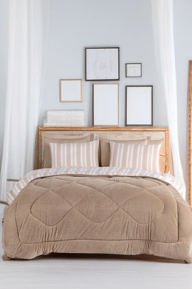 Uyku Seti Wellsoft Yorganlı Pofuduk  4 Parça Çift Kişilik Soft Line Bej ürün görseli 1