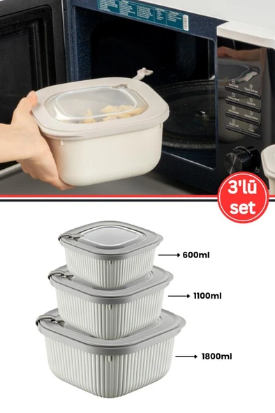 Flora Mikrodalga Saklama Kabı 3’lü Set, Buzluk Buzdolabı Mikrodalga Uygun Kapaklı Set (600-1100-1800ml) - 17