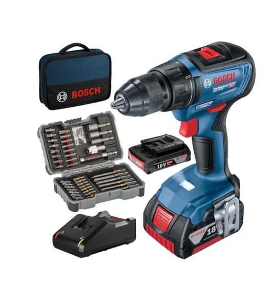 Bosch Professional GSR 18V-50 2x 2.0 Ah Delme/Vidalama Makinesi + 43 Parça Set + Çanta - 06019H5004
