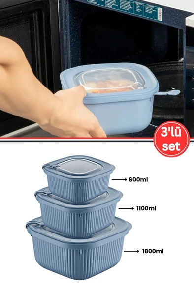 Flora Mikrodalga Saklama Kabı 3’lü Set, Buzluk Buzdolabı Mikrodalga Uygun Kapaklı Set (600-1100-1800ml) - 21