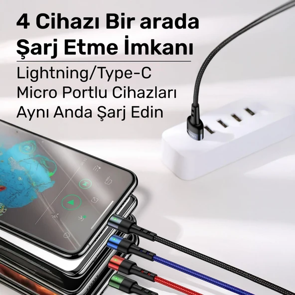 Usams US-SJ317 4in1 2*Lightning 1*Type-C 1*Micro Uçlu 1.2m 2A Örgülü Renkli Şarj ve Data Kablosu - 4