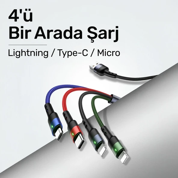 Usams US-SJ317 4in1 2*Lightning 1*Type-C 1*Micro Uçlu 1.2m 2A Örgülü Renkli Şarj ve Data Kablosu - 2