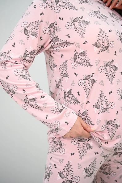 Kadın Büyük Beden Çiçek Desenli Uzun Kollu Pijama Takımı 4235-25 - 8