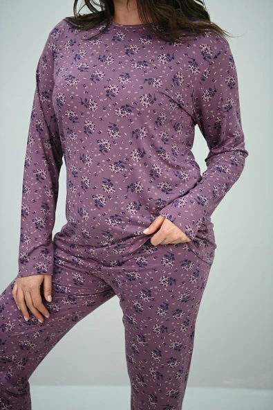 Kadın Büyük Beden Çiçek Desenli Uzun Kollu Pijama Takımı 4235-25