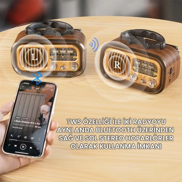UpWay Güneş Enerjili Şarjlı Bluetooth USB SD Stereo Hoparlör FM AM SW Retro Nostaljik Radyo - 8
