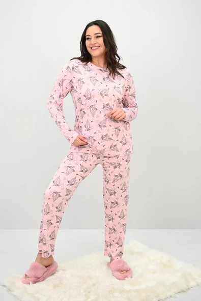 Kadın Büyük Beden Çiçek Desenli Uzun Kollu Pijama Takımı 4235-25 - 2