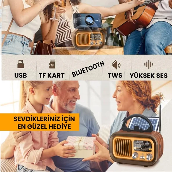 UpWay Güneş Enerjili Şarjlı Bluetooth USB SD Stereo Hoparlör FM AM SW Retro Nostaljik Radyo - 6