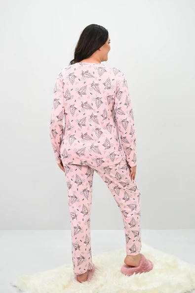 Kadın Büyük Beden Çiçek Desenli Uzun Kollu Pijama Takımı 4235-25 - 6