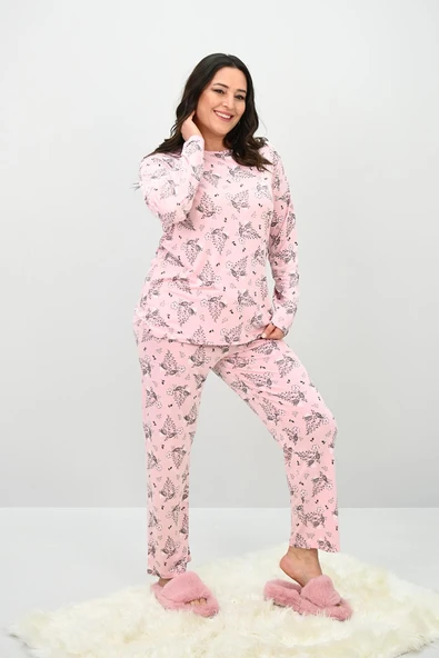 Kadın Büyük Beden Çiçek Desenli Uzun Kollu Pijama Takımı 4235-25 - 4