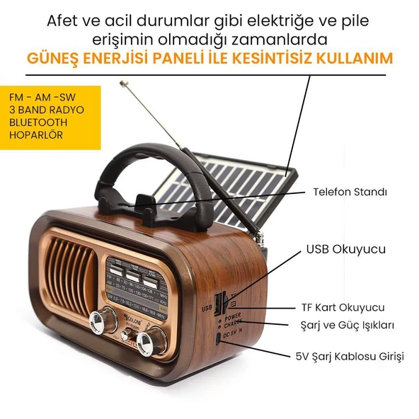 UpWay Güneş Enerjili Şarjlı Bluetooth USB SD Stereo Hoparlör FM AM SW Retro Nostaljik Radyo - 2