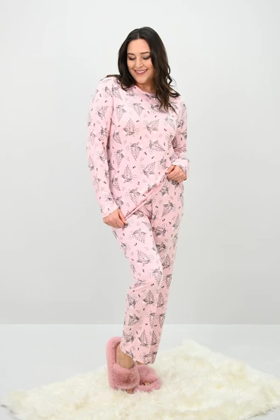 Kadın Büyük Beden Çiçek Desenli Uzun Kollu Pijama Takımı 4235-25 - 3