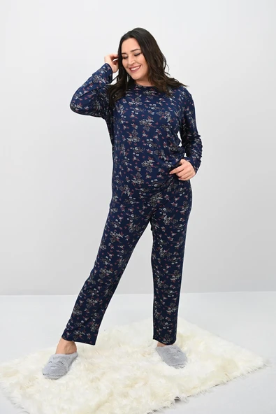Kadın Büyük Beden Çiçek Desenli Uzun Kollu Pijama Takımı 4235-25 - 10