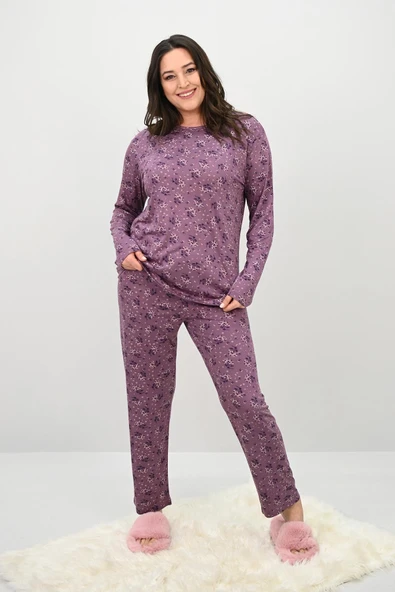 Kadın Büyük Beden Çiçek Desenli Uzun Kollu Pijama Takımı 4235-25
