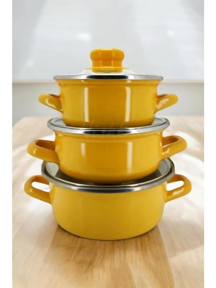 Alev Emaye Mini Emaye Tencere Seti 3'lü Sarı - 2