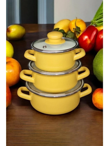 Alev Emaye Mini Emaye Tencere Seti 3'lü Sarı