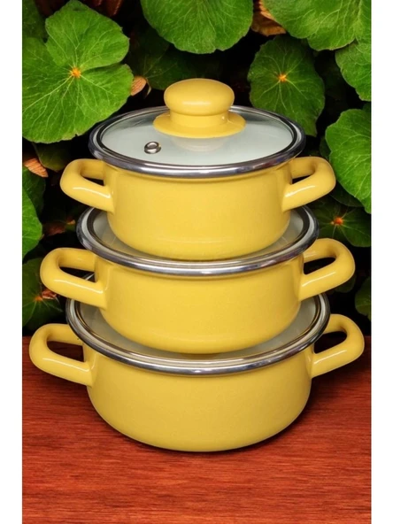 Alev Emaye Mini Emaye Tencere Seti 3'lü Sarı - 4