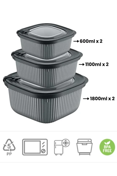 Flora Mikrodalga Saklama Kabı 6’lı Set, Buzluk Buzdolabı Mikrodalga Uygun Kapaklı Set 2x(600-1100-1800ml) Füme - 2