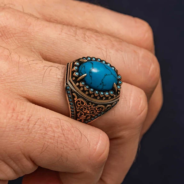 Gümüş Firuze Taşlı Erkek Yüzük SL10589 - Resim 2