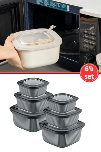 Flora Mikrodalga Saklama Kabı 6’lı Set, Buzluk Buzdolabı Mikrodalga Uygun Kapaklı Set 2x(600-1100-1800ml) Füme ürün görseli 1