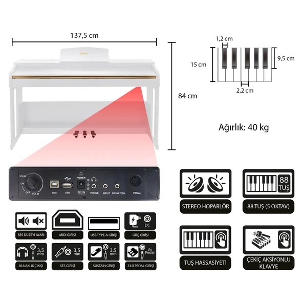 Jwin Sapphire SDP-214 Çekiç Aksiyonlu 88 Tuşlu Dijital Piyano + Tabure - Beyaz - 3