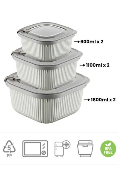 Flora Mikrodalga Saklama Kabı 6’lı Set, Buzluk Mikrodalga Uygun Kapaklı Özel Set 2x(600-1100-1800ml) Krem - 2