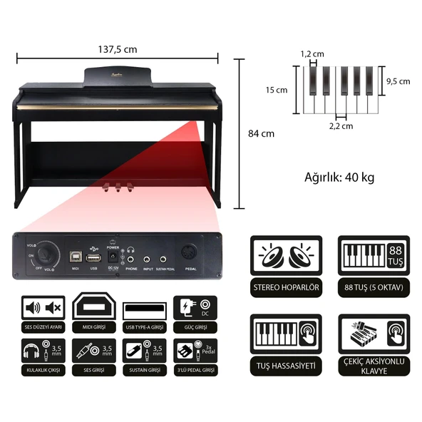 Jwin Sapphire SDP-214 Çekiç Aksiyonlu 88 Tuşlu Dijital Piyano + Tabure - Siyah - 2