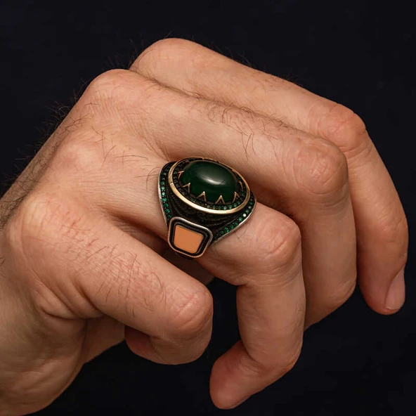Gümüş Yeşil Akik Taşlı Erkek Yüzük  SL10587 - Resim 10