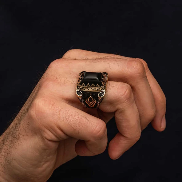 Gümüş Siyah Oniks Taşlı Erkek Yüzük SL10586 - Resim 3