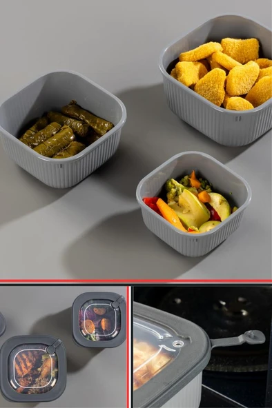 Flora Mikrodalga Saklama Kabı 6’lı Set, Buzluk Buzdolabı Mikrodalga Uygun Kapaklı Set 2x(600-1100-1800ml) Füme - 3