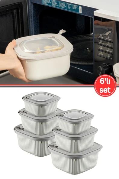 Flora Mikrodalga Saklama Kabı 6’lı Set, Buzluk Mikrodalga Uygun Kapaklı Özel Set 2x(600-1100-1800ml) Krem
