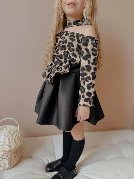 KIZ ÇOCUK FİYONK MODELLİ DÜŞÜK OMUZ LEOPAR BADİLİ ETEKLİ TAKIM - Resim 4
