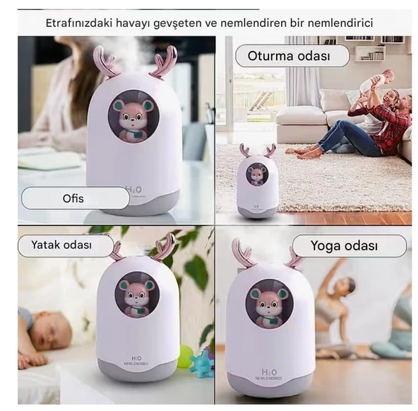Sevimli Ayıcıklı Işıklı Hava Nemlendirici Buhardanlık Buhar Makinası Difizör 300 Ml  BEYAZ