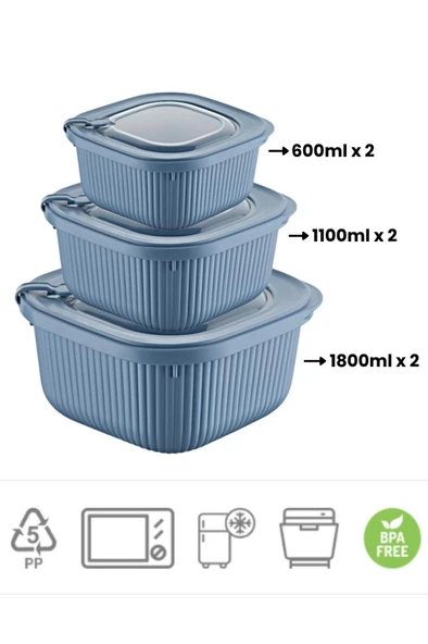 Flora Mikrodalga Saklama Kabı 6’lı Set, Buzluk Mikrodalga Uygun Kapaklı Özel Set 2x(600-1100-1800ml) Mavi - 2