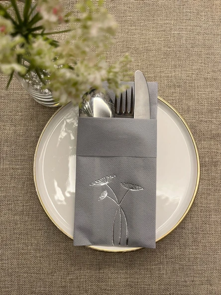 Gümüş Yaldızlı Gri Cepli Havuç Çiçeği Kumaş Dokulu Air Laid Peçete 6 Adet ürün görseli 1