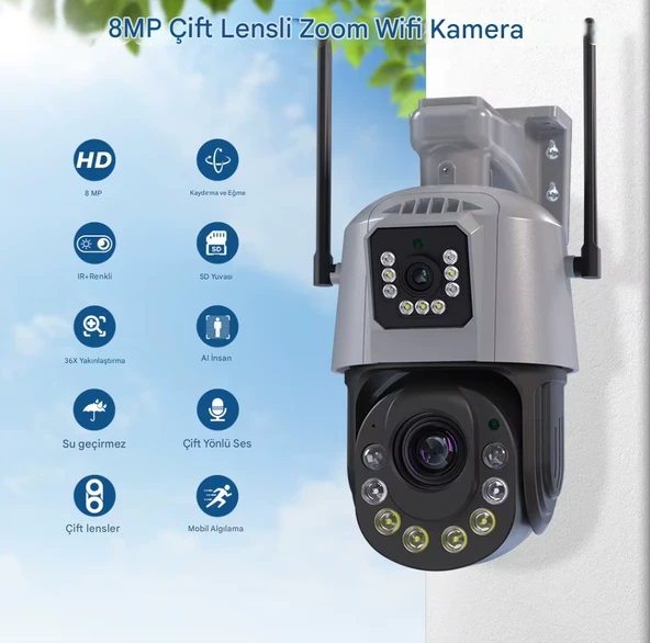 QASUL 8MP 4K Wifi PTZ Kamera 36X İsteğe Bağlı Zoom Çift Lens Çift Ekranlar Gözetim IR Gece Görüş - 2