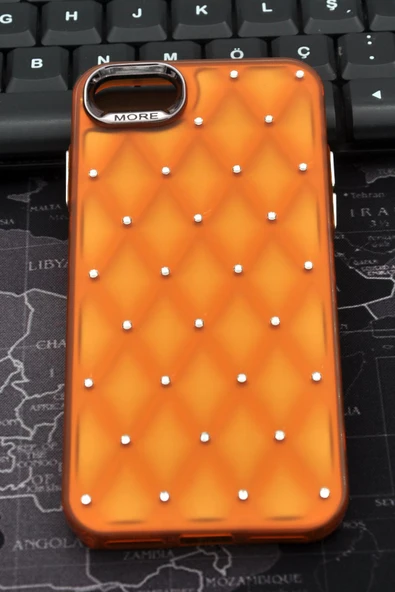 iPhone 7 Plus / 8 Plus Uyumlu Baklava Desenli Pırlanta Taşlı Sert Kapak Kılıf Turuncu - Resim 2