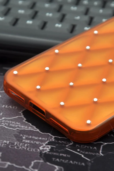 iPhone 7 Plus / 8 Plus Uyumlu Baklava Desenli Pırlanta Taşlı Sert Kapak Kılıf Turuncu - Resim 5