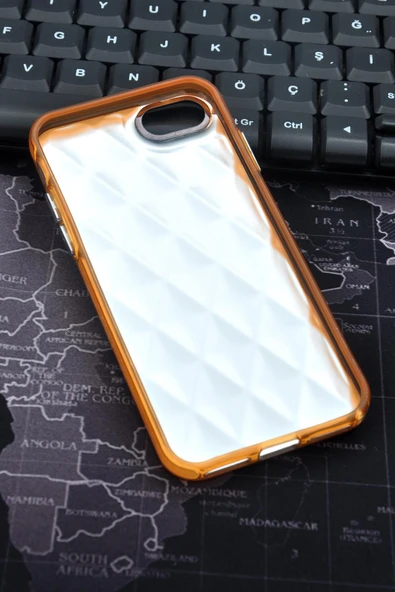 iPhone 7 Plus / 8 Plus Uyumlu Baklava Desenli Pırlanta Taşlı Sert Kapak Kılıf Turuncu - Resim 7