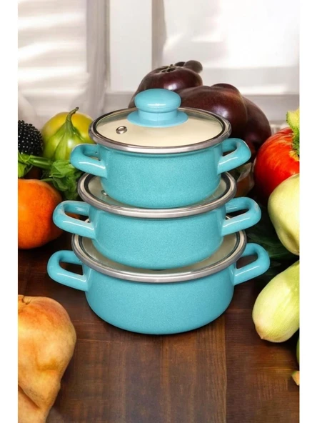 Alev Emaye Mini Emaye Tencere Seti 3'lü Turkuaz