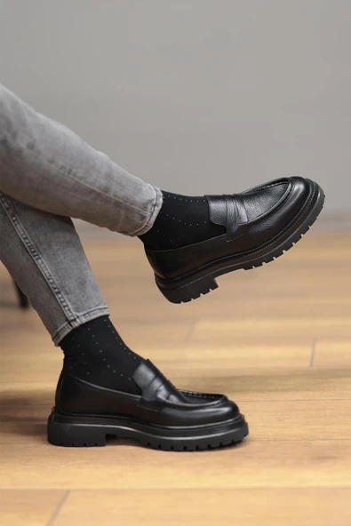 Shoetyle - Siyah Deri Bağcıksız Erkek Günlük Ayakkabı 610-1016-02