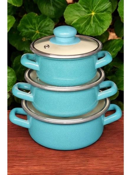 Alev Emaye Mini Emaye Tencere Seti 3'lü Turkuaz - 2