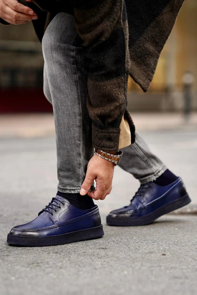Shoetyle - Lacivert Deri Bağcıklı Erkek Günlük Ayakkabı 610-190-21 - 2