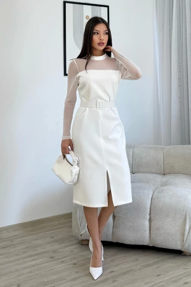 Boncuk İşlemeli Kemerli Abiye Elbise 6013-Beyaz