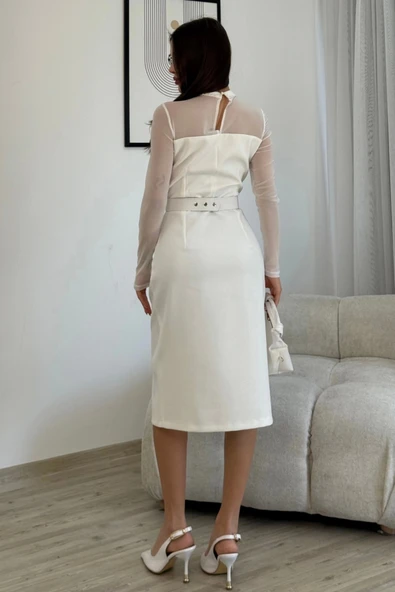 Boncuk İşlemeli Kemerli Abiye Elbise 6013-Beyaz - 4